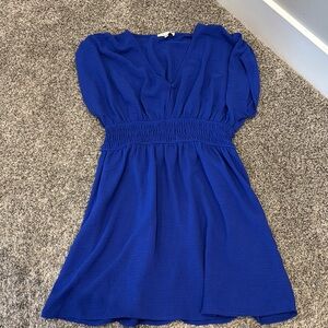 Promesa Blue Ruffled Puff Sleeve V-Neck Dress